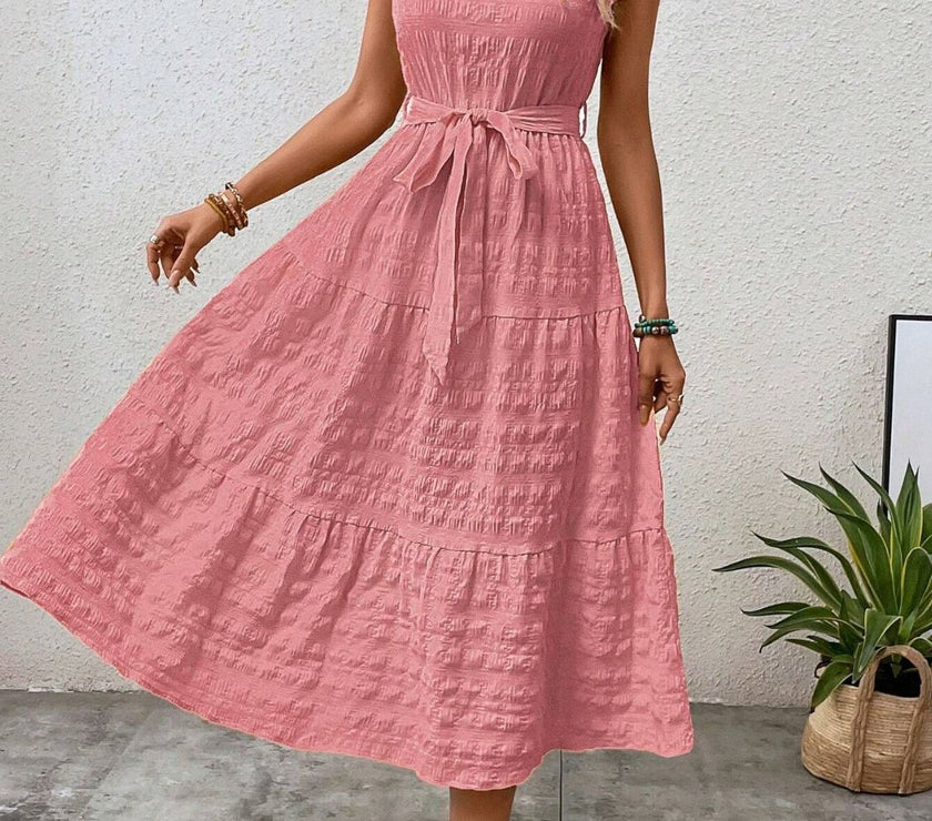 Tied Ruffled Cap Sleeve Midi Dress
