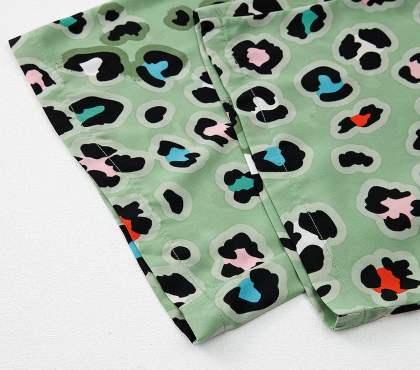 Green Leopard Print Short Sleeve Shirt and Wide Leg Pants Set