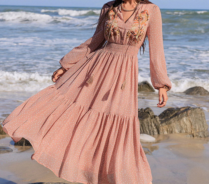 Embroidered Polka Dot Tie Neck Long Sleeve Midi Dress