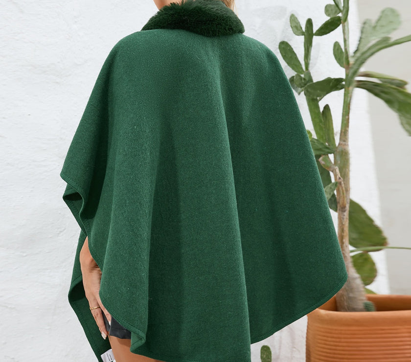 Fuzzy Trim Open Front Poncho