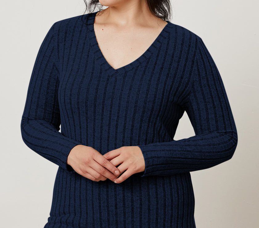 Basic Bae Full Size Ribbed V-Neck Long Sleeve T-Shirt