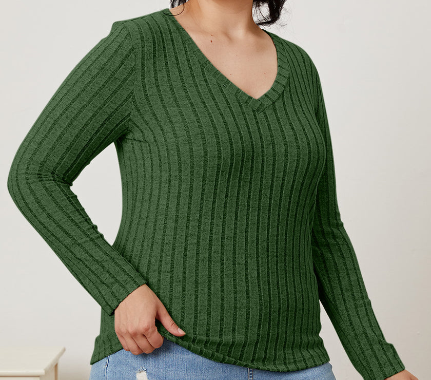 Basic Bae Full Size Ribbed V-Neck Long Sleeve T-Shirt