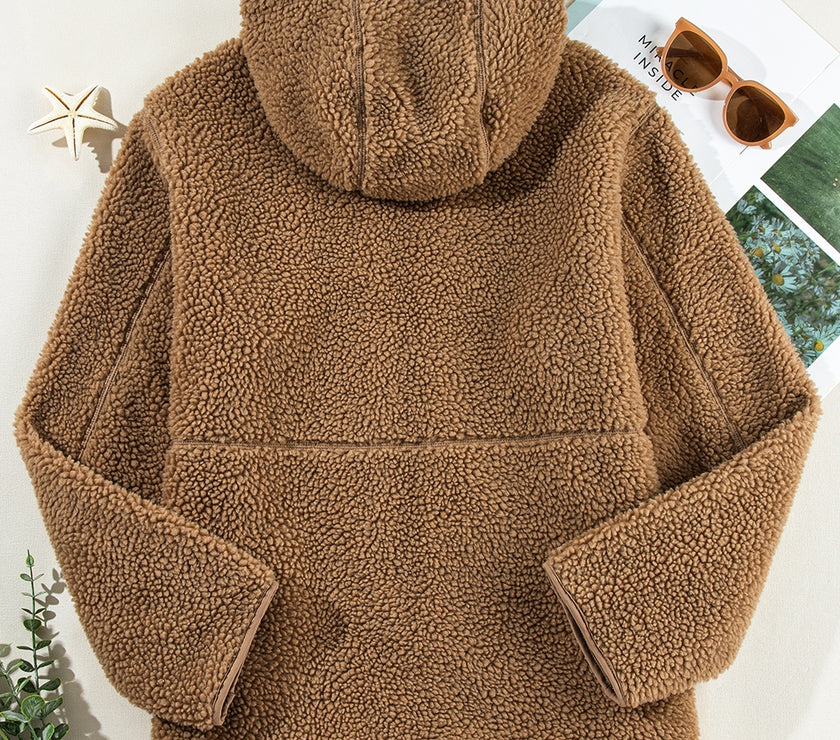 Drawstring Fleece Zip Up Hooded Jacket