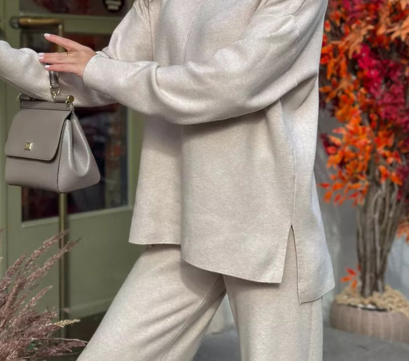 Slit Mock Neck Top and Pants Sweater Set