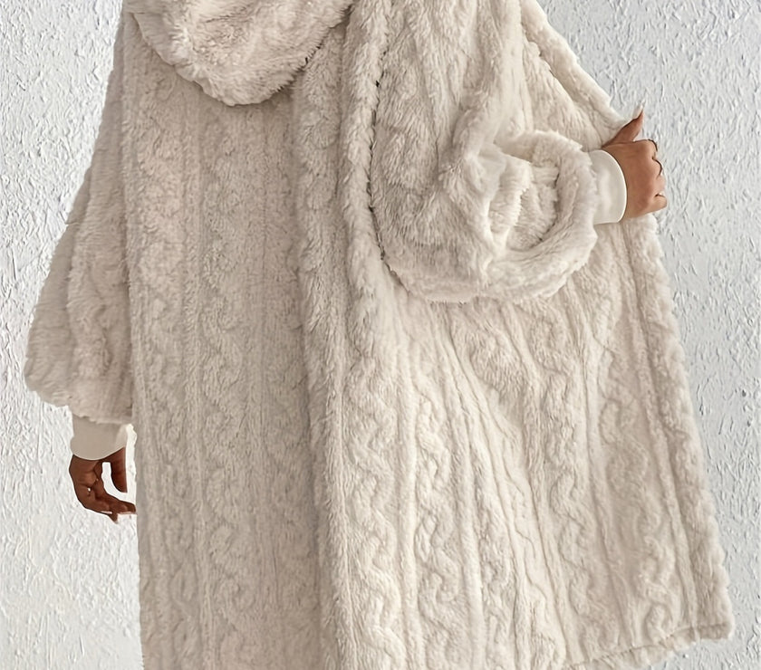 Open Front Long Sleeve Fuzzy Hooded Jacket