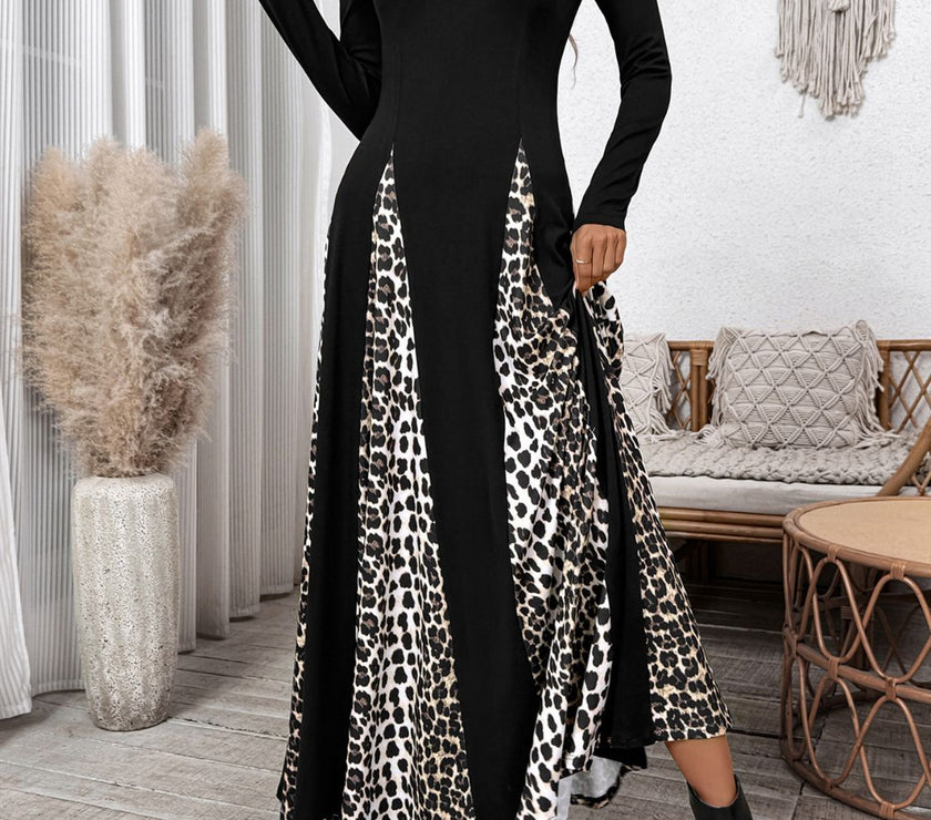 Perfee Leopard Square Neck Long Sleeve Maxi Dress