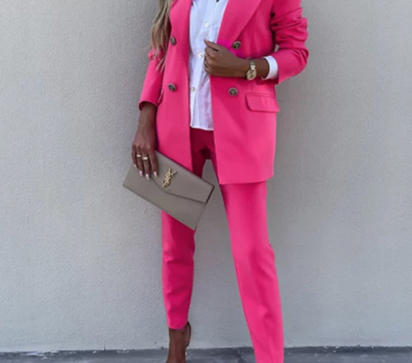 Lapel Collar Long Sleeve Blazer and Pants Set