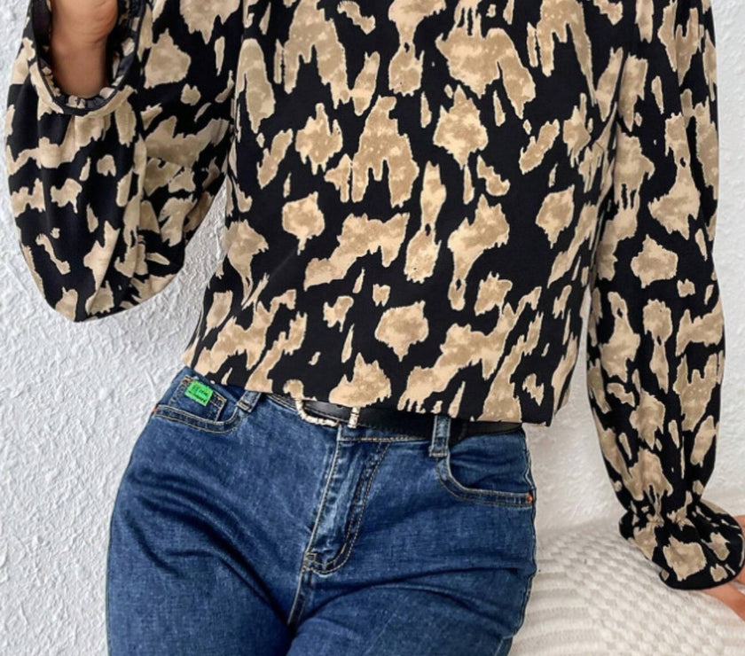 Frill Leopard Mock Neck Flounce Sleeve Blouse