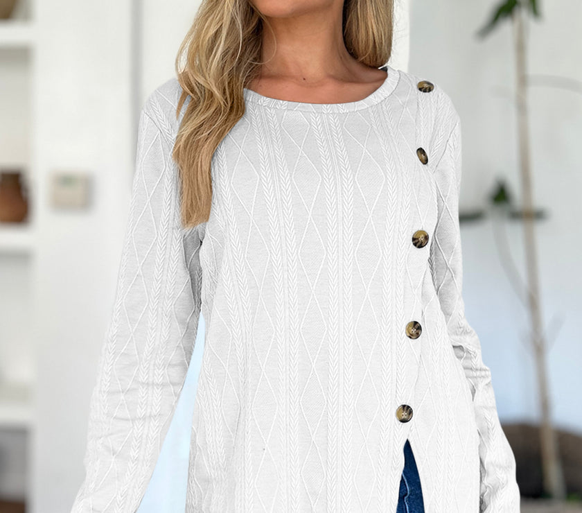 FAM-FAM Slit Round Neck Long Sleeve T-Shirt