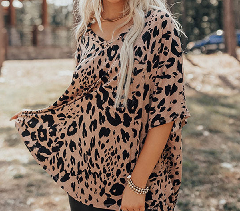 Brown Leopard Print V Neck Half Sleeve Oversized Tee