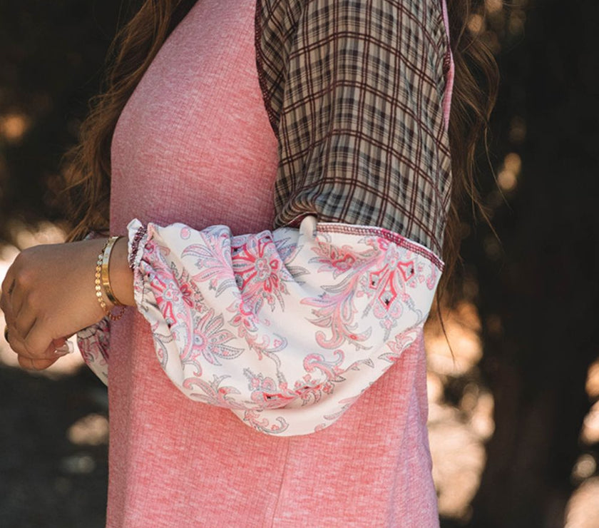 Plaid Floral Patchwork Round Neck Long Sleeve Top