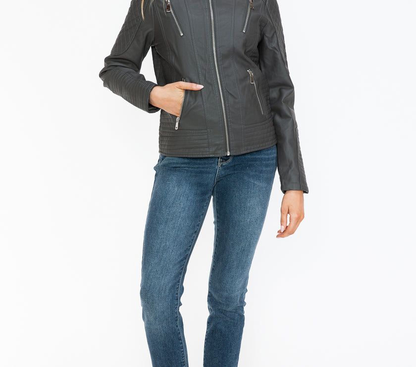 Snobbish Faux Leather Zip Up Mock Neck Jacket