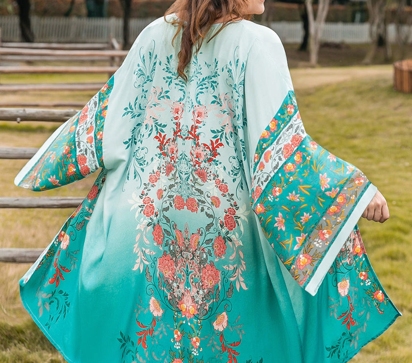 Plus Size Printed Open Front Long Sleeve Cover Up
