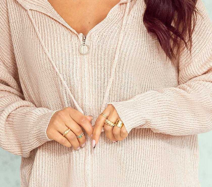 Distressed Zip Up Drawstring Hooded Cardigan