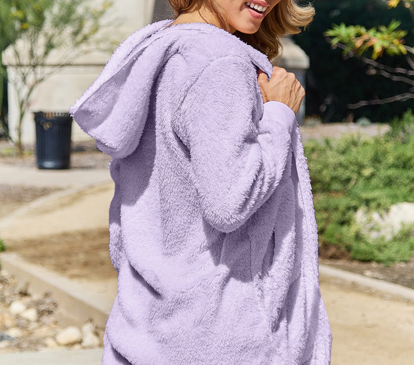 Double Take Full Size Hooded Teddy Bear Jacket with Thumbholes