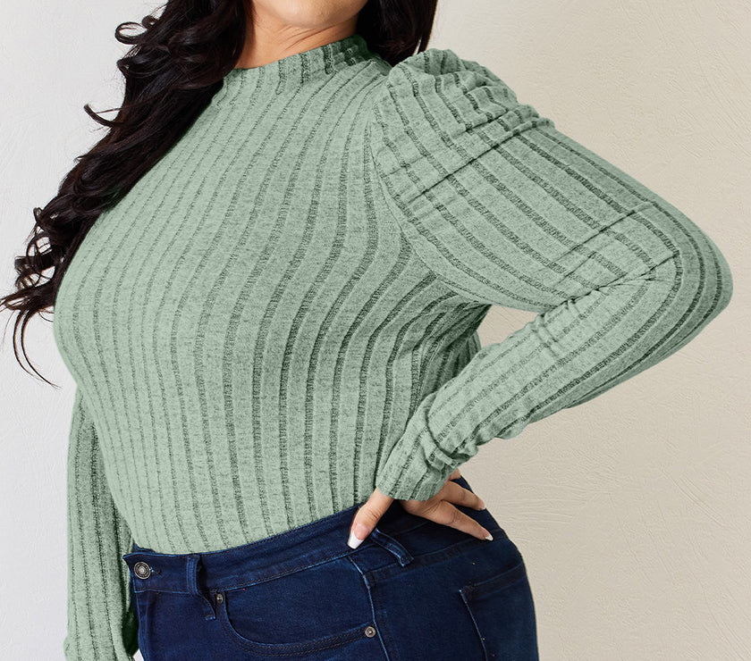 Basic Bae Full Size Ribbed Mock Neck Puff Sleeve T-Shirt