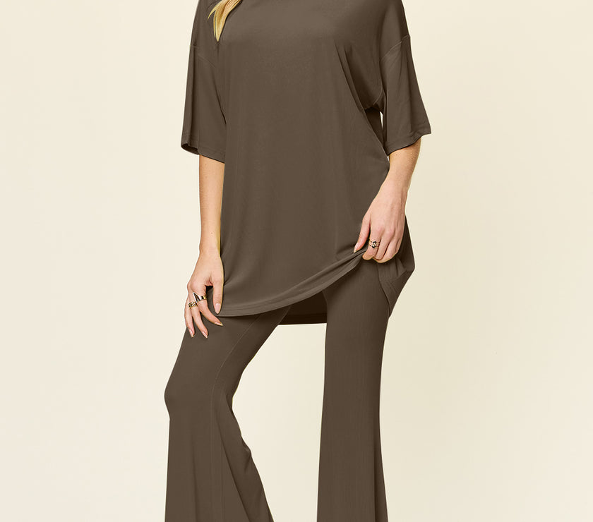 Double Take Full Size Round Neck Drop Shoulder T-Shirt and Flare Pants Set