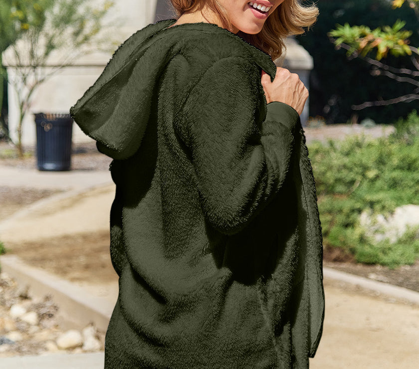 Full Size Teddy Hooded Jacket with Pockets