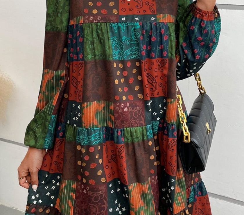 Printed Balloon Sleeve Tiered Dress