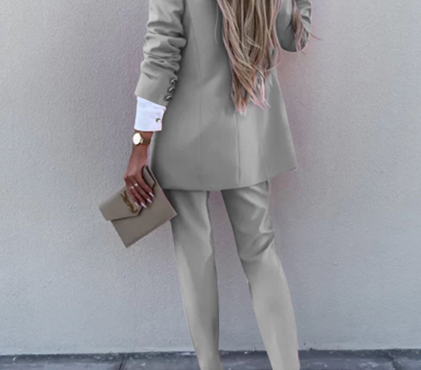 Lapel Collar Long Sleeve Blazer and Pants Set