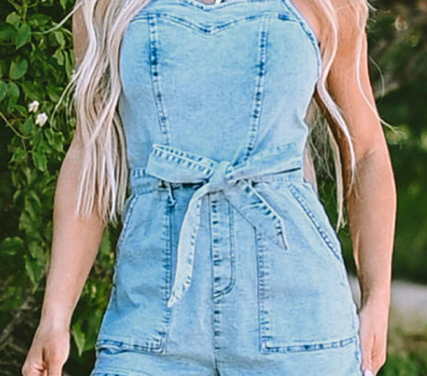 Tied Spaghetti Strap Denim Romper