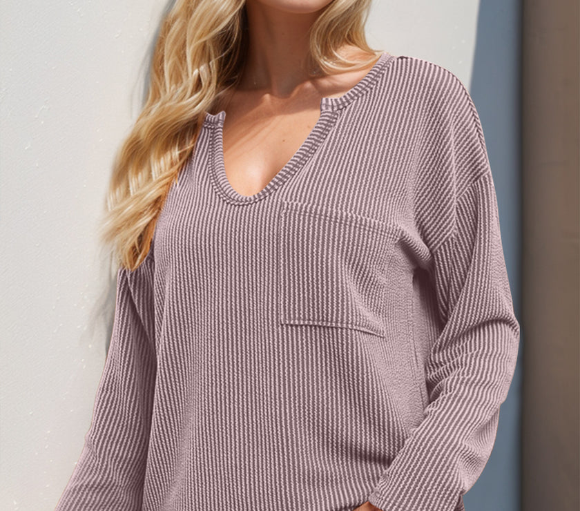 Double Take Striped Notched Long Sleeve T-Shirt