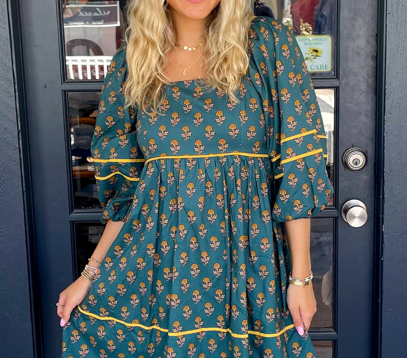 Skobeloff Floral Contrast Trim Square Neck Puff Sleeve Dress