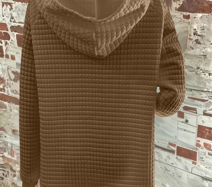 Full Size Texture Button Detail Drawstring Long Sleeve Hoodie