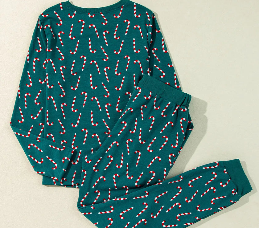 Candy Cane Print Round Neck Top and Pants Lounge Set