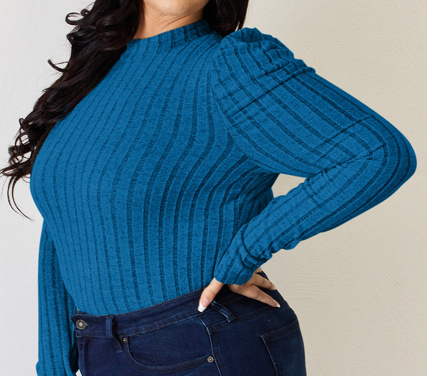 Basic Bae Full Size Ribbed Mock Neck Puff Sleeve T-Shirt