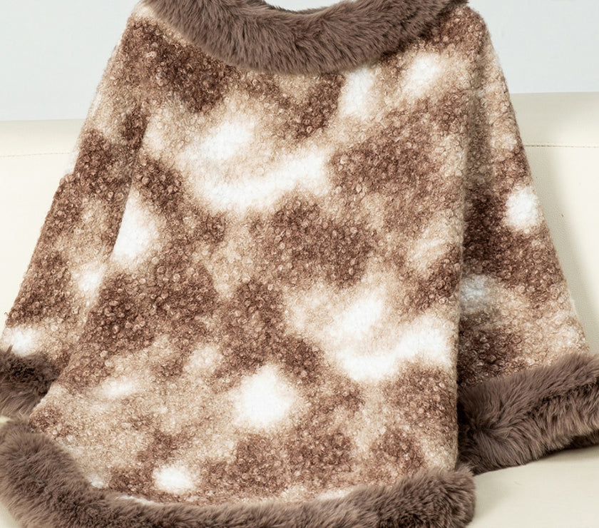 Furry Contrast Three-Quarter Poncho
