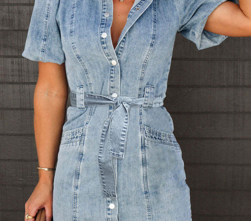 Puff Sleeve Button Up Mini Denim Dress