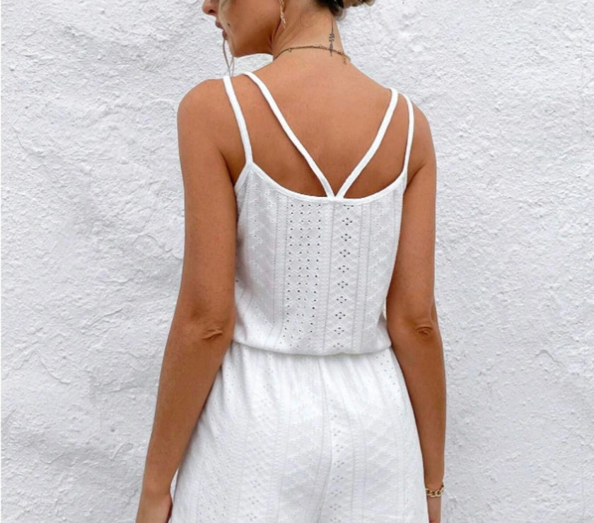 Eyelet Scoop Neck Double Spaghetti Straps Romper