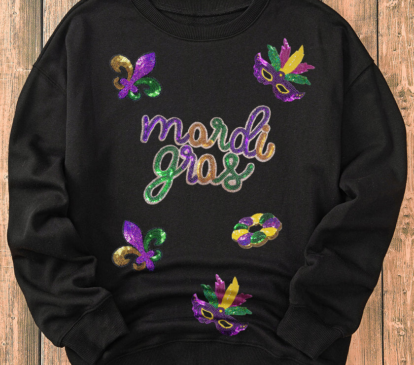Black Sequin mardi gras Fleur de Lis Graphic Pullover Sweatshirt