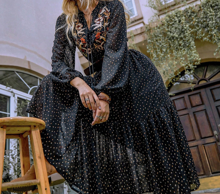 Embroidered Polka Dot Tie Neck Long Sleeve Midi Dress