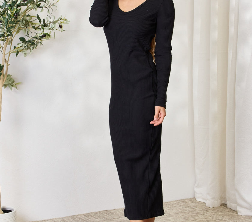 Culture Code Full Size Ribbed Long Sleeve Midi Slit Dress