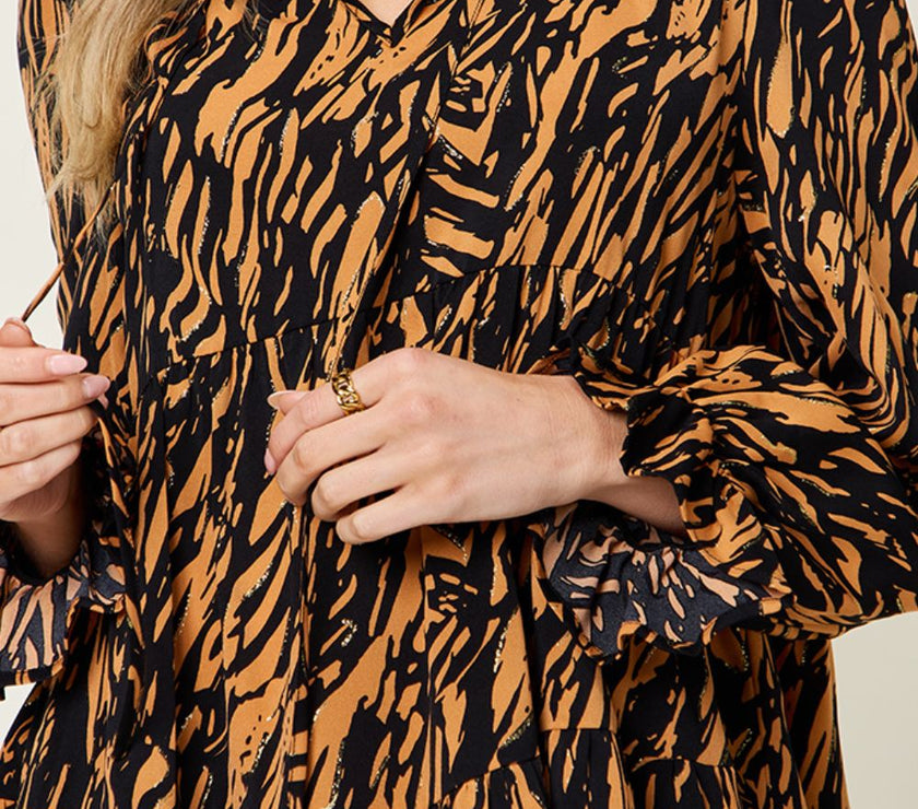 Double Take Full Size Printed Ruffle Hem Long Sleeve Dress