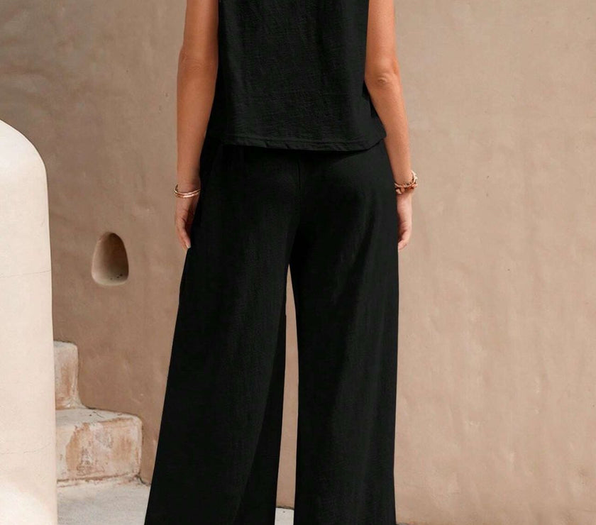 Round Neck Sleeveless Top and Wide Leg Pants Set