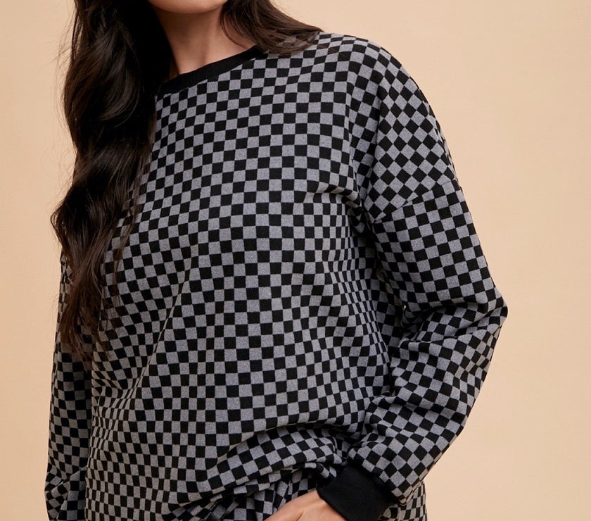 Annie Wear Checkered Round Neck Top and Drawstring Shorts Set