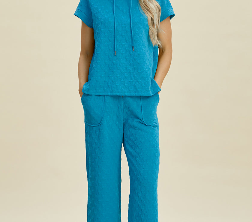 Double Take Full Size Texture Drawstring Short Sleeve Hoodie and Pocketed Pants Set