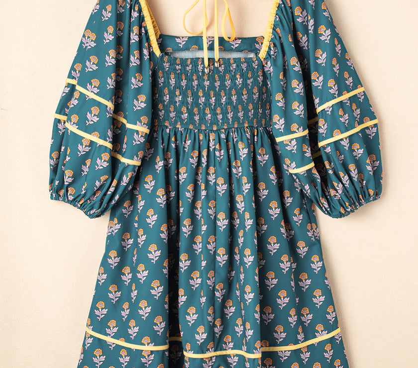 Skobeloff Floral Contrast Trim Square Neck Puff Sleeve Dress