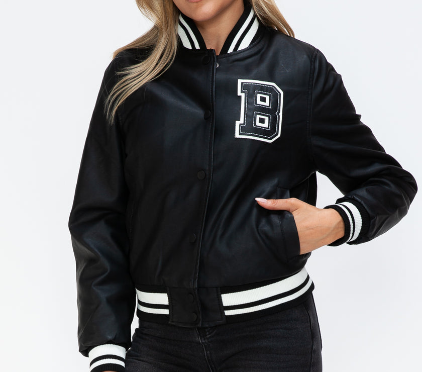 Love Me Now PU Leather Contrast Snap Down Bomber Jacket