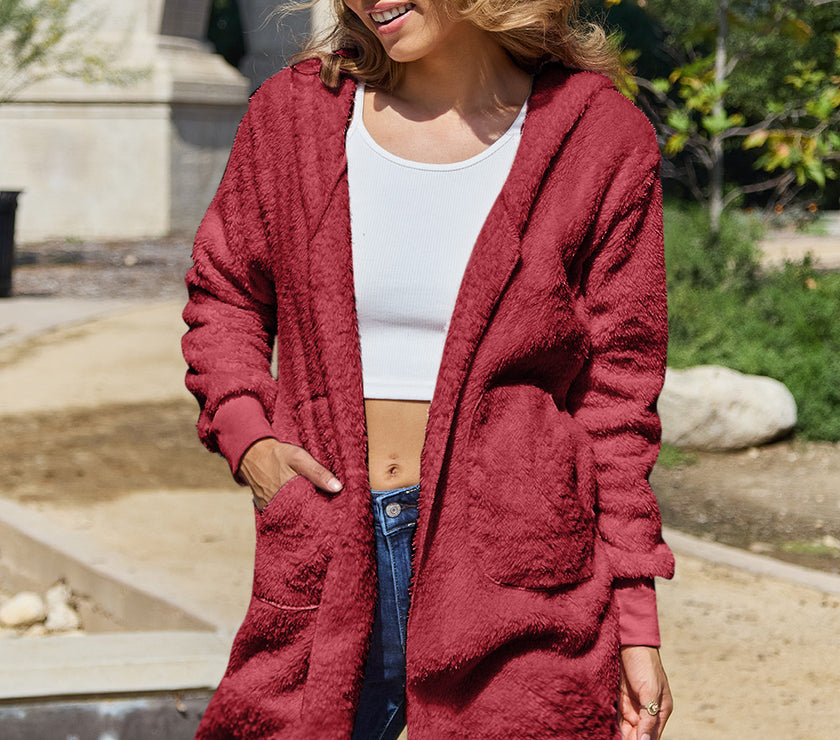 Double Take Full Size Hooded Teddy Bear Jacket with Thumbholes