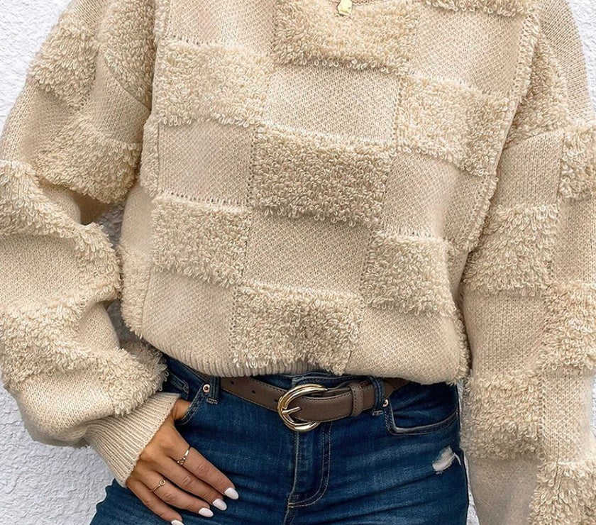 Checkered Round Neck Dropped Shoulder Sweater
