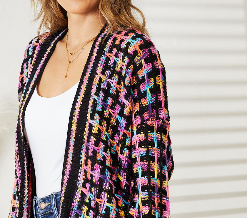 Angel Wings Full Size Multicolored Open Front Fringe Hem Cardigan