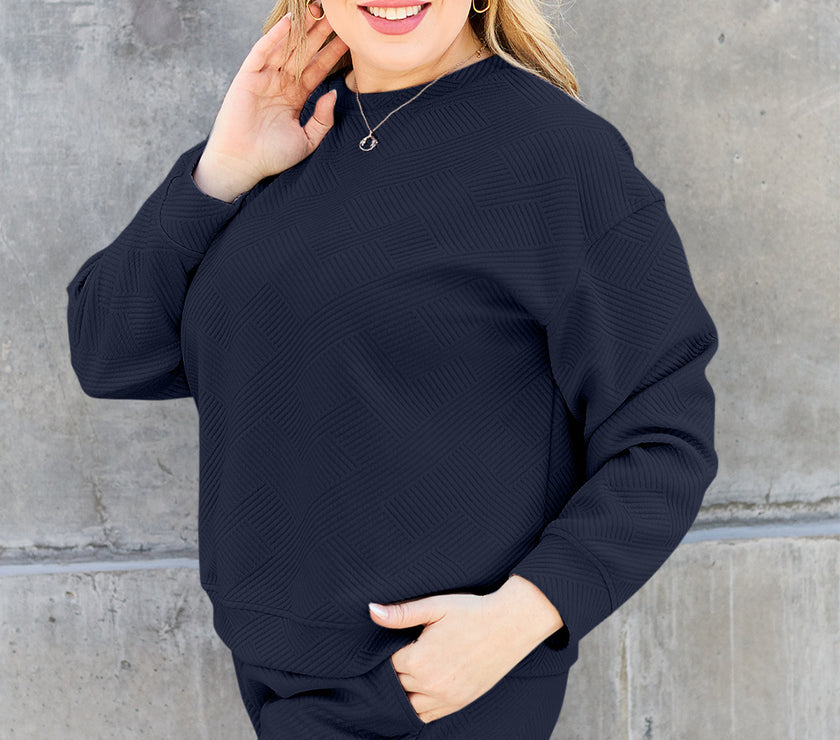 Double Take Full Size Texture Long Sleeve Top and Drawstring Shorts Set