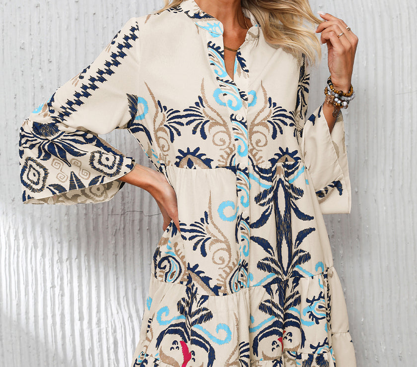 White Printed Tribal Bracelet Sleeve Buttoned Mini Dress