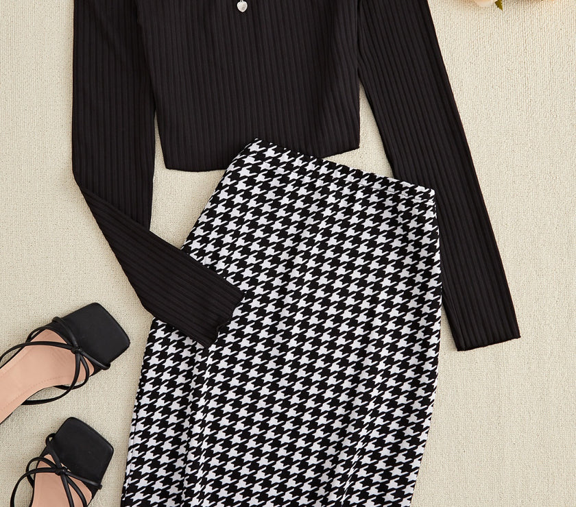 Off-Shoulder Long Sleeve Top and Houndstooth Skirt Set