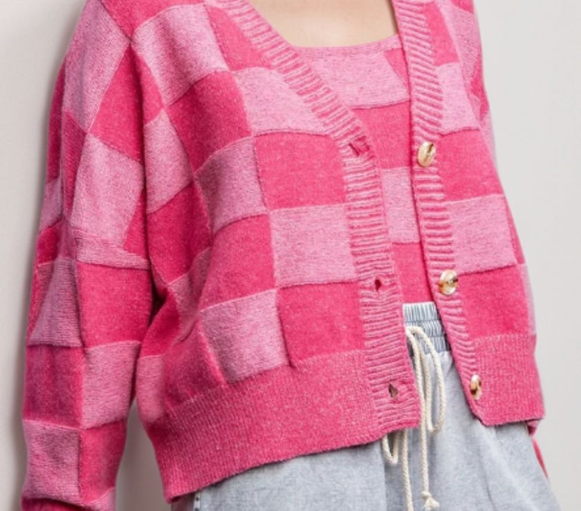 Checkered V-Neck Long Sleeve Cardigan