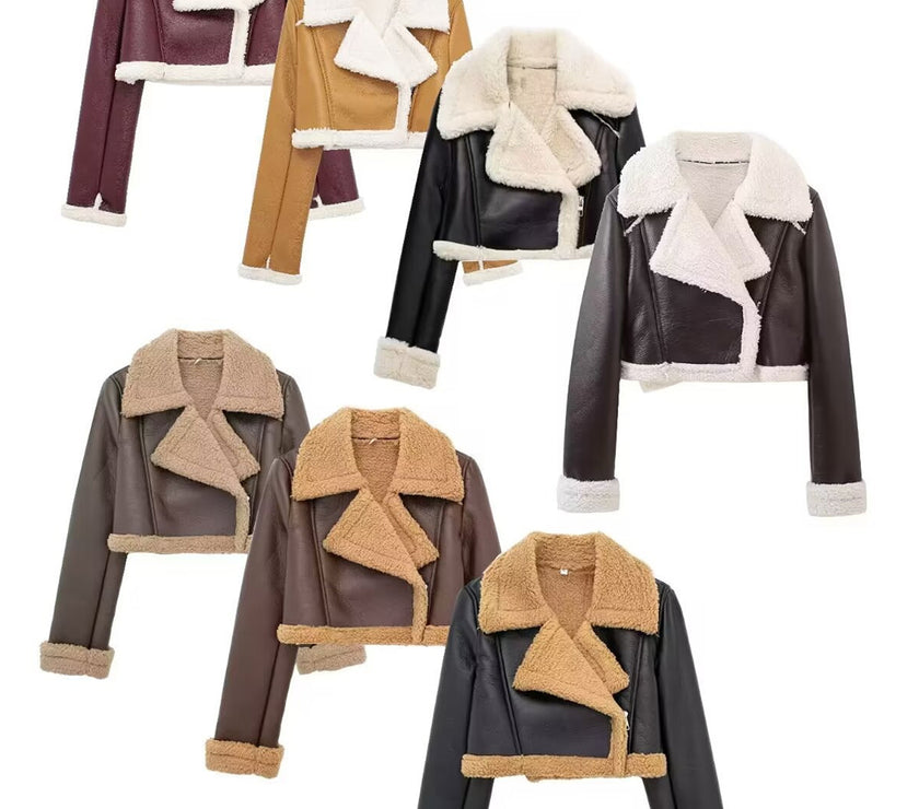 Collared Neck Long Sleeve Plush Cropped Jacket